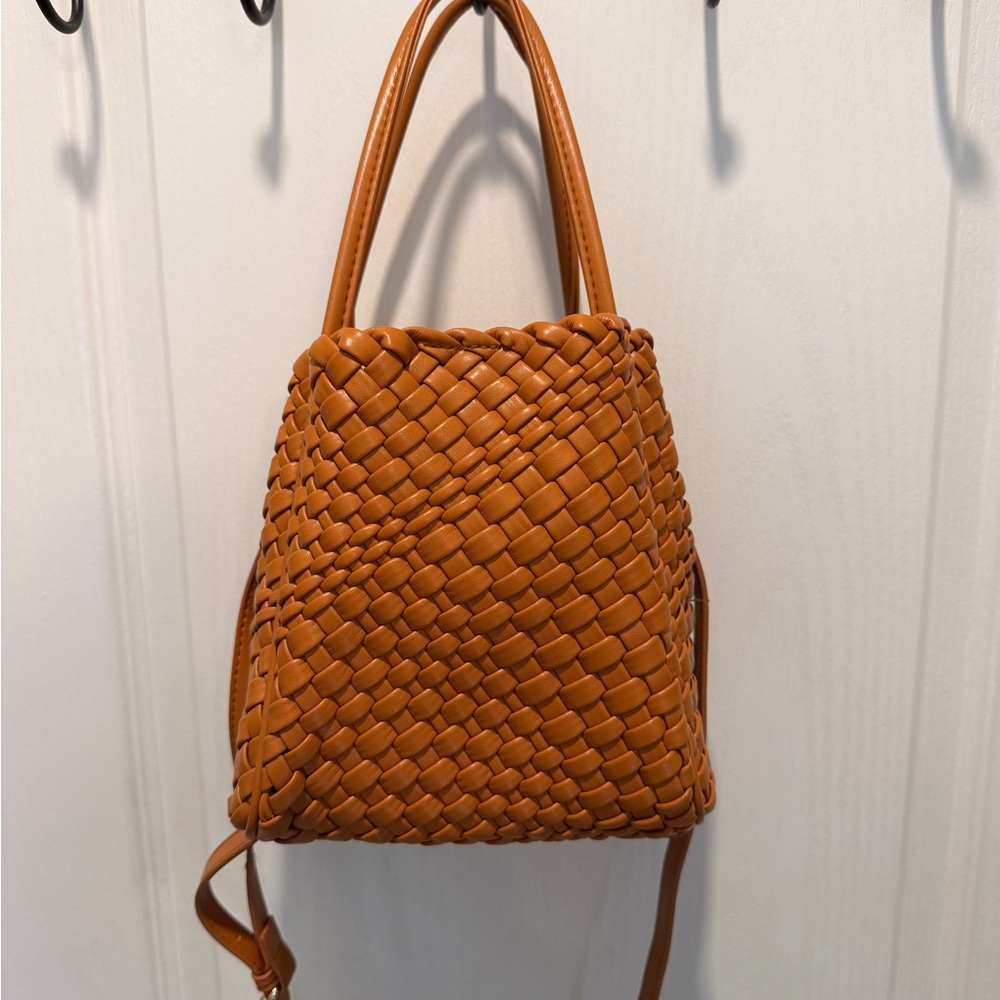 Anthropologie Woven Leather Bucket Crossbody in Tan